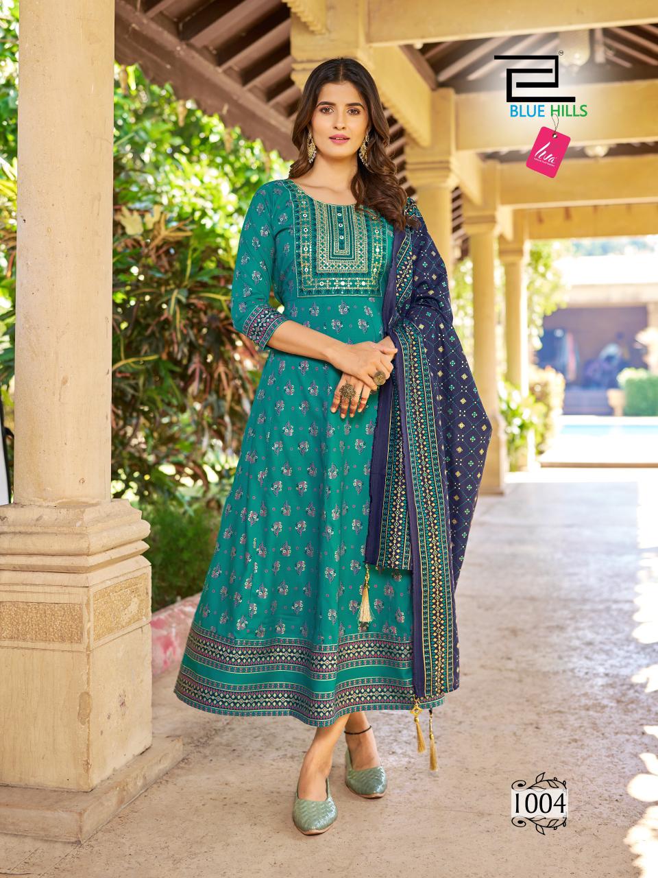 Vasuki By Blue Hills Rayon Foil Print Anarkali Kurti With Dupatta Wholesale Suppliers In Mumbai